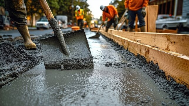 construction workers in hard hats and high-visibility vests smoothing wet concrete with a shovel along wooden forms on a street, focused industrious energy