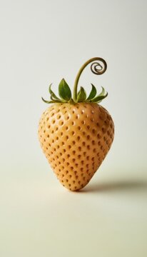 Single yellow pineberry strawberry with a green leafy stem on a neutral background for grocery marketing, healthy eating editorial and organic food advertising