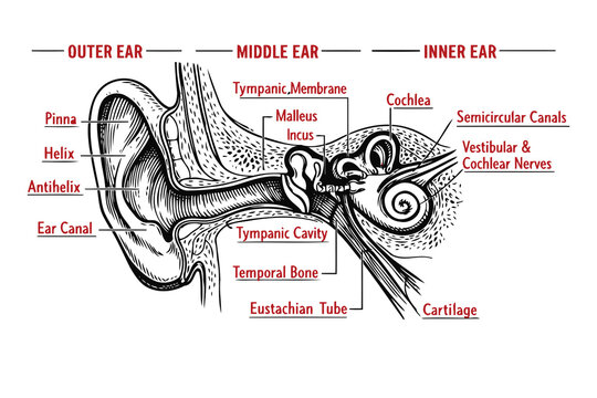 Anatomical diagram of the human ear with labeled parts Vector
