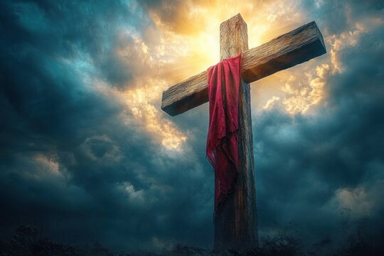 Wooden cross draped with a red cloth against stormy clouds and radiant golden light, evoking solemn hope and reverence