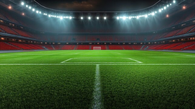 Empty illuminated soccer stadium at night with vibrant green pitch, white field markings, distant goal, rows of red seats and bright floodlights creating a dramatic anticipatory atmosphere