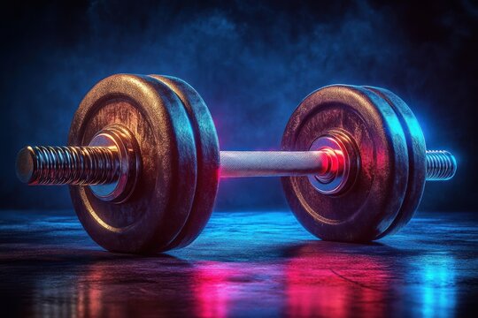 single metal dumbbell with knurled handle and weight plates on reflective gym floor, dramatic blue and pink studio lighting, smoky moody atmosphere conveying power and determination