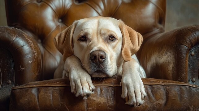 relaxed dog resting front paws and floppy ears on worn brown leather tufted armchair in a cozy quiet moment