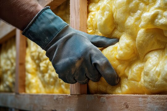 gloved hand carefully pressing yellow fiberglass insulation into wooden wall stud cavity during focused home renovation work