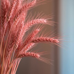 Naklejka premium Modern pink wheat ears in a cluster against a warm amber haze background for agricultural marketing, autumn harvest festival banners and interior decor websites