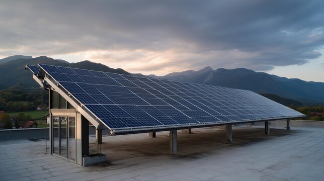 Solar panel installation on a rooftop with mountains and a cloudy sky at sunset