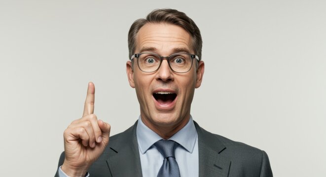 Mature man in a business suit pointing finger upward with an excited surprised expression for innovation concepts, corporate success and creative eureka moment ideas