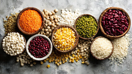 A vibrant overhead shot showcases a variety of dry grains, pulses, and legumes in rustic wooden bowls, creating a visually appealing and healthy food display