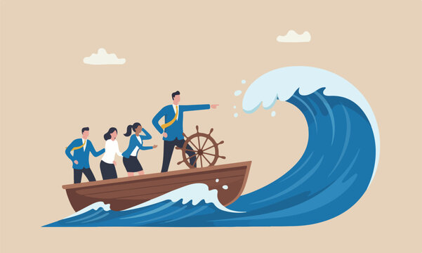 Courage, challenge or risk taker concept, businessman captain point finger to lead team sailing boat to survive big wave storm