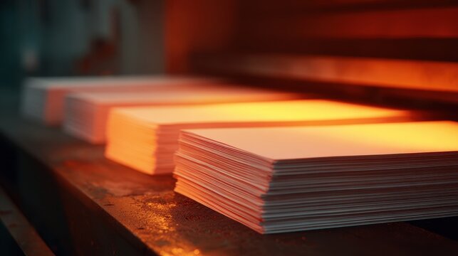 Stunning photo of close-up of a stack of printed papers emerging from a modern industrial printer with a warm glow.