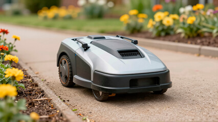 Fototapeta premium Modern robotic lawn mower navigating a garden path near a lush lawn and flower bed. This smart technology provides automatic maintenance and innovative landscaping for a backyard