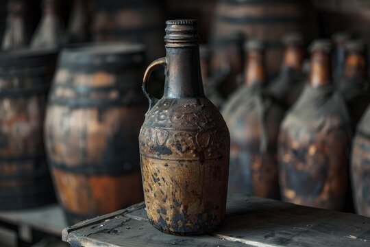Dusty demijohn with handle and metal cap sits on wooden shelf in wine cellar, surrounded by barrels and dusty bottles
