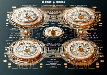 Fototapeta premium ornate golden mechanical dials and circuitry blueprint with four circular gauges around a central hub on a dark background, precise and futuristic luxury