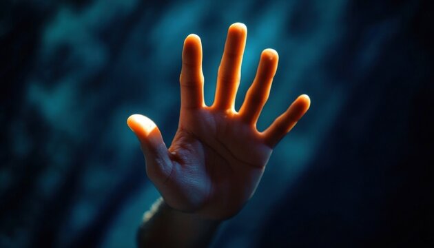 outstretched human hand with glowing fingertips and warm rim light against a dark blue blurred background, reaching with a sense of yearning and hope