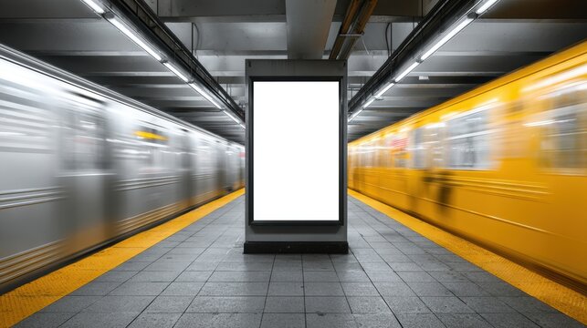 Stunning photo of empty advertisement display in NYC subway station. Fast moving train visible in background. Modern marketing media template. Mock up poster. Vertical design.