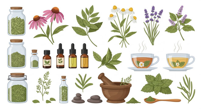 Herbal Remedy Vector Set with Medicinal Plants Leaves Oils Teas and Mortar Pestle &ndash; Organic Wellness Clipart Pack