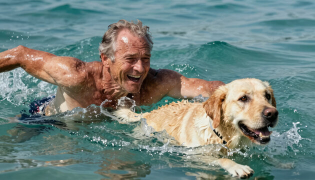 Man swimming joyfully with a dog in water.