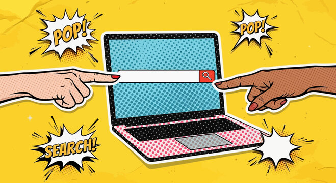Hands pointing to laptop search bar, pop art style, search engine concept
