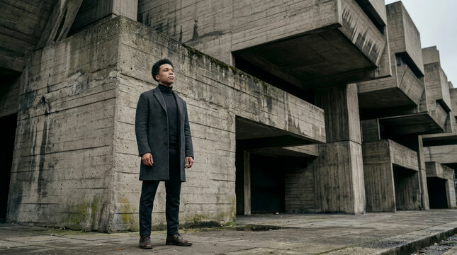 A man stands near a concrete structure.