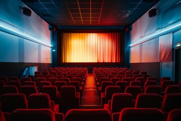 Fototapeta premium Rows of red seats in an empty cinema auditorium are waiting for viewers to come watch a movie