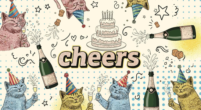 Cats celebrating with champagne and cake, party hats, cheers text, confetti