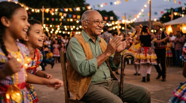 Senior man with hearing aid clapping at a traditional outdoor festival for cultural representation, elderly accessibility awareness and community celebration imagery