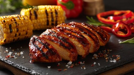Fototapeta premium Juicy Grilled Chicken Breast with Glaze Served with Corn and Bell Pepper on Slate Platter