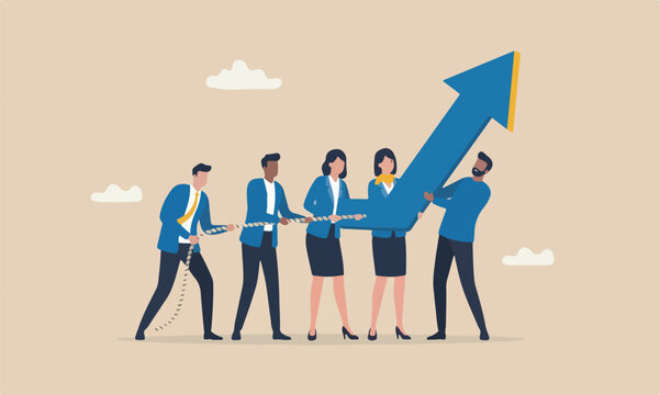togetherness support each other to achieve business goal concept, group of businessmen and women office workers help and support to pull arrow rising up
