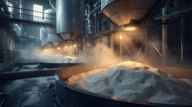 Stunning photo of industrial flour production in a food processing factory.