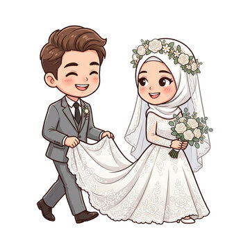 Cute Chibi Muslim Wedding Couple Illustration - Bride in Hijab and Groom in Grey Suit
