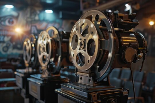 Row of vintage film projectors with reels set up in an empty cinema with graffiti art on the wall, ready for a movie showing