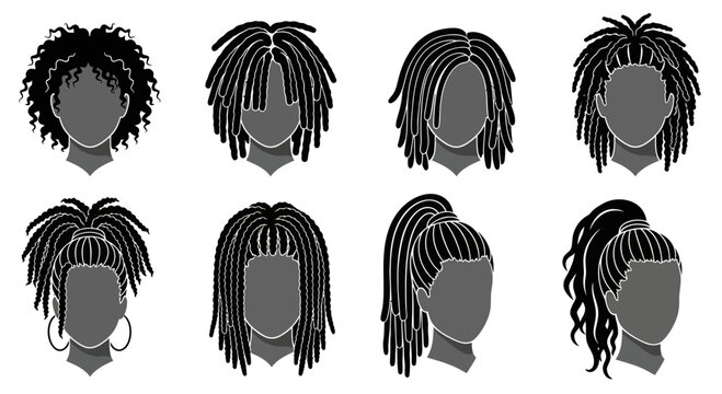 Black Hair Styles Collection: Dreadlocks, Afro, Ponytail, Braids - Silhouettes