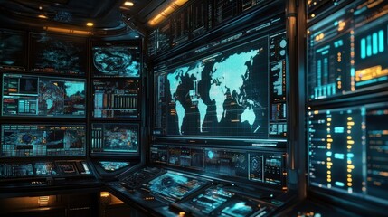 Naklejka premium Dim futuristic command center filled with glowing monitors, large world maps, dense data charts and control panels, emitting a tense, focused high-tech operational atmosphere