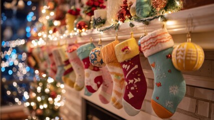 Fototapeta premium Colorful Christmas Stockings Hanging on a Festive Mantel Surrounded by Twinkling Lights and Holiday Decorations