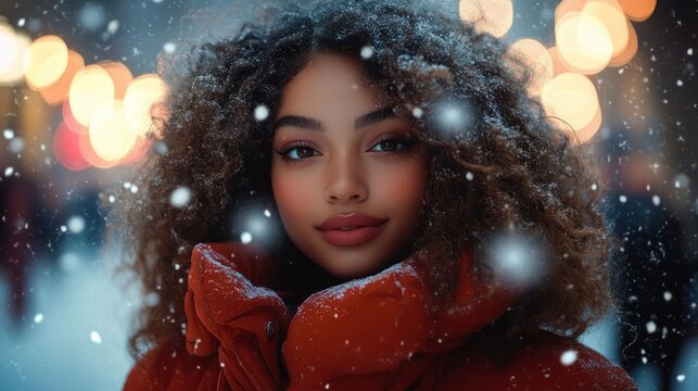 curly-haired person with blurred face in a red puffy coat, hands tucked to collar as snow falls with warm bokeh lights in the evening &mdash; cozy and contemplative mood