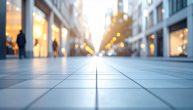 Modern urban street scene with tiled pavement and golden sunset bokeh background