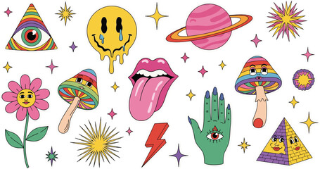 Retro Groovy Psychedelic Sticker Set with Trippy Mushroom Smiley Face Planet Eye and Mystic Elements © MdRezaul