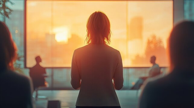 Backlit presenter standing before a floor-to-ceiling window with warm sunset city skyline and seated silhouettes in a modern conference room, hopeful and contemplative mood