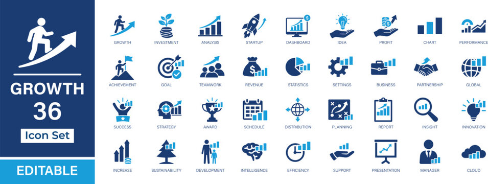 Growth 36 Solid Icon Set. Featuring finance, startup, and strategy elements for UI, UX, apps, and web. Editable, scalable vector collection.