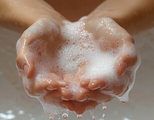 Fototapeta premium Close-up of cupped wet hands holding foamy soap suds with water droplets, conveying gentle cleansing, calm care and refreshing hygiene