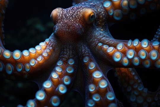 Close-up of a curious octopus with textured skin and glowing blue-ringed tentacles reaching through dark water, evoking mystery and wonder