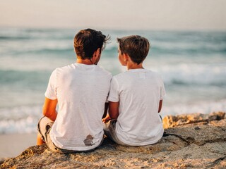 Fototapeta premium Father and son sitting on a rocky shore looking at the ocean during golden hour sunset, lifestyle apparel branding and Fathers Day campaign concept with copy space
