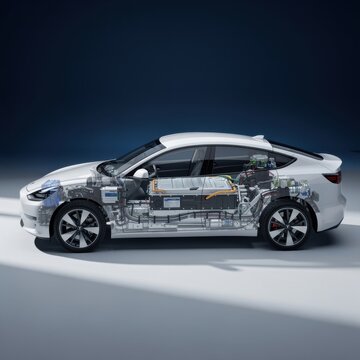 White electric vehicle body with transparent cross section revealing interior battery pack and motors for automotive engineering, clean energy and car technology marketing