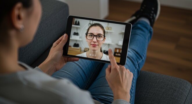 Woman at home using an online virtual try on application on a tablet with glasses on the screen. Augmented reality and shopping concept.