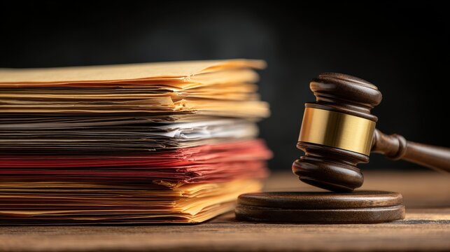 Stunning photo of stack of legal folders and documents next to a wooden judge's gavel on a table, symbolizing law and justice.