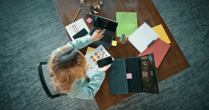 Top View of Woman Working with Multiple Devices and Documents