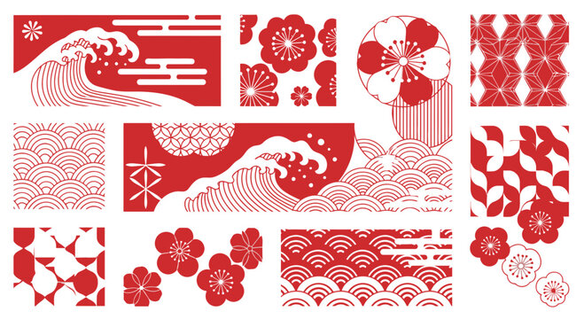 Red and White Japanese Patterns: Waves, Flowers, Geometric Designs