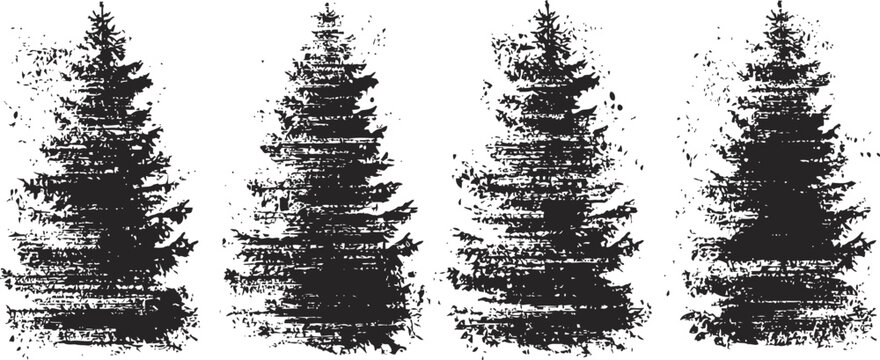 Four black pine tree silhouettes with rough textured edges isolated on white background