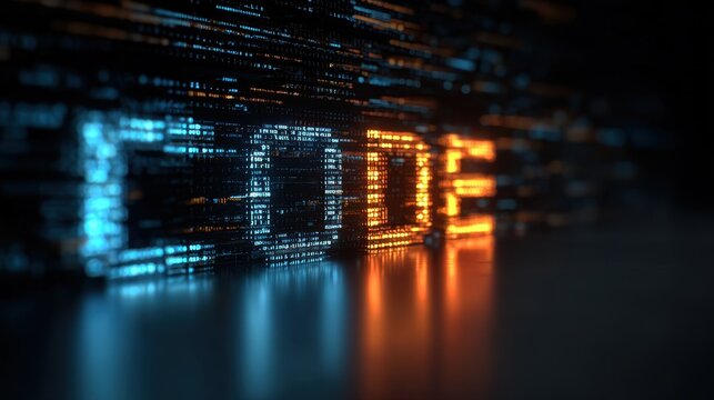 Stunning photo of vibe Coding text glowing in blue and orange neon on a digital futuristic background of code.