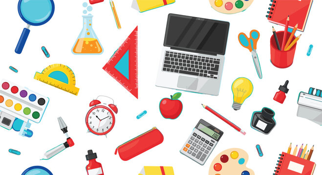 Colorful education and study vector illustration with school supplies, science tools, art materials, laptop, and creative learning symbols